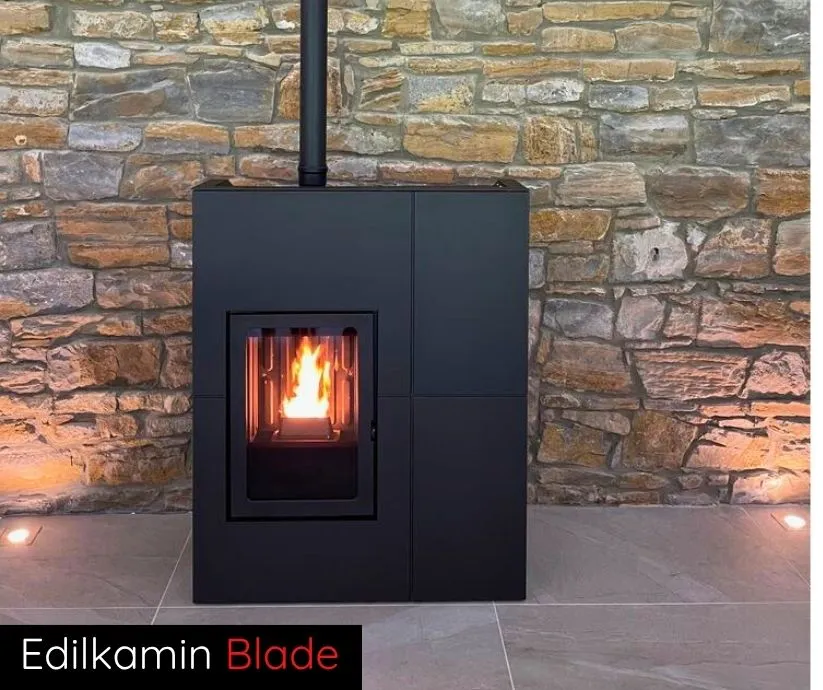 Poêle à pellets Blade Edilkamin 12 kW, design compact, haute performance, idéal pour chauffage économique en Wallonie (Liège, Namur).