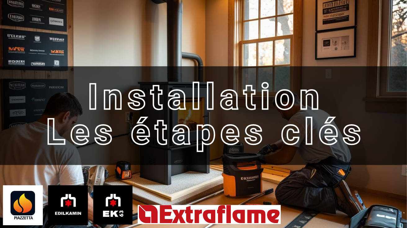 Deux techniciens professionnels installent un poêle à pellets moderne dans un intérieur lumineux d’une maison en Wallonie. Le poêle, de marque Edilkamin, est en cours de raccordement avec un tubage inox flambant neuf. Autour, des outils, une plaque de sol de sécurité et des sacs de pellets montrent l’organisation et le sérieux de l’installation. En arrière-plan, des logos de grandes marques partenaires (Edilkamin, Piazzetta, EK63, Extraflame) mettent en valeur le choix de marques reconnues. L’ambiance inspire confiance : accompagnement personnalisé, sécurité optimale et expertise offerte par Bois Moderne & BMenergies pour un chauffage performant et conforme aux dernières normes.