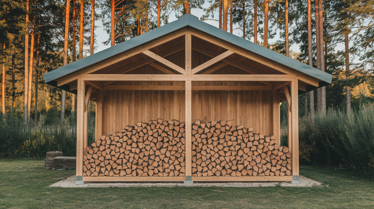 Du bois de chauffage stocké dans un abris de fortune avec un toit de tôle et des murs en palettes.