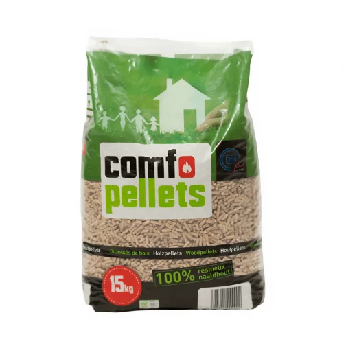 Sac 15kg Comfo Pellets 100% résineux certifiés DINplus, granulés bois livraison gratuite Liège Namur Ciney achat boismoderne bmenergies qualité origine belgique