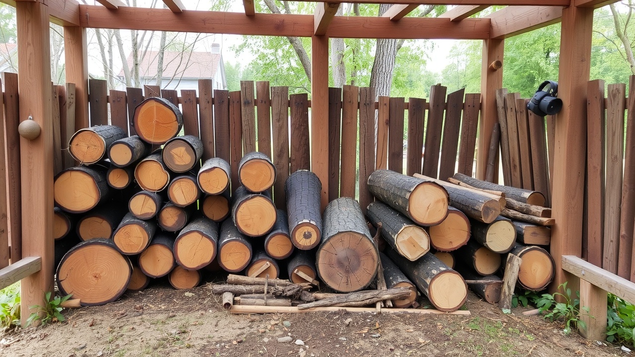 Plusieurs bûches de bois bien rangées et sèches dans un abri en bois.