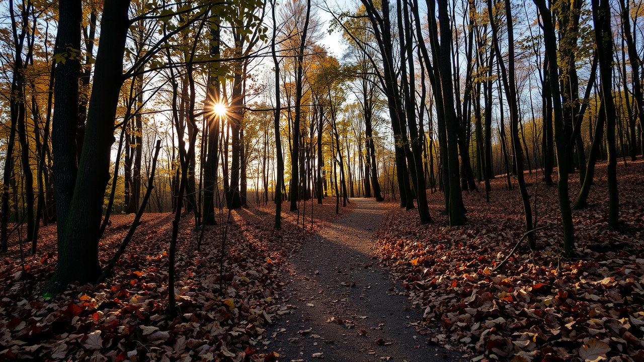 Un chemin de terre dans une forêt en automne avec des feuilles mortes au sol.