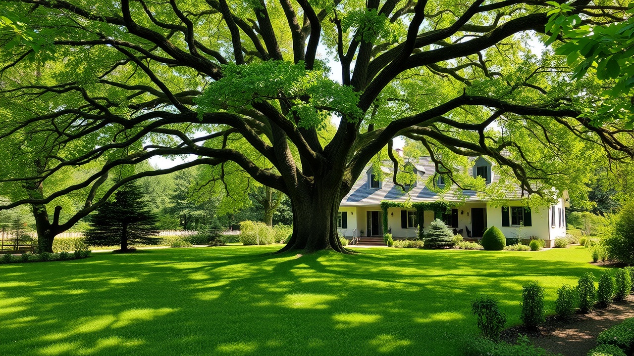 Un jardin verdoyant avec un grand arbre et une maison en arrière-plan.