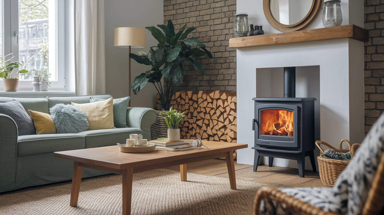 Un poele à bois dans un salon cosy