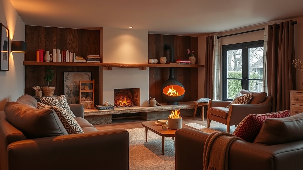 un salon chaleureux avec un feu vif et des flammes orangées dans un poêle à bois moderne.