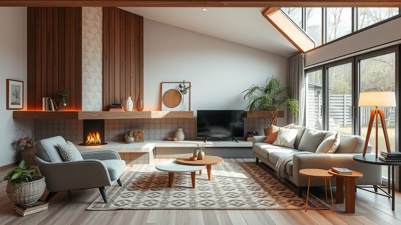 un salon moderne et lumineux avec un poêle à bois design et une petite réserve de bûches à côté.