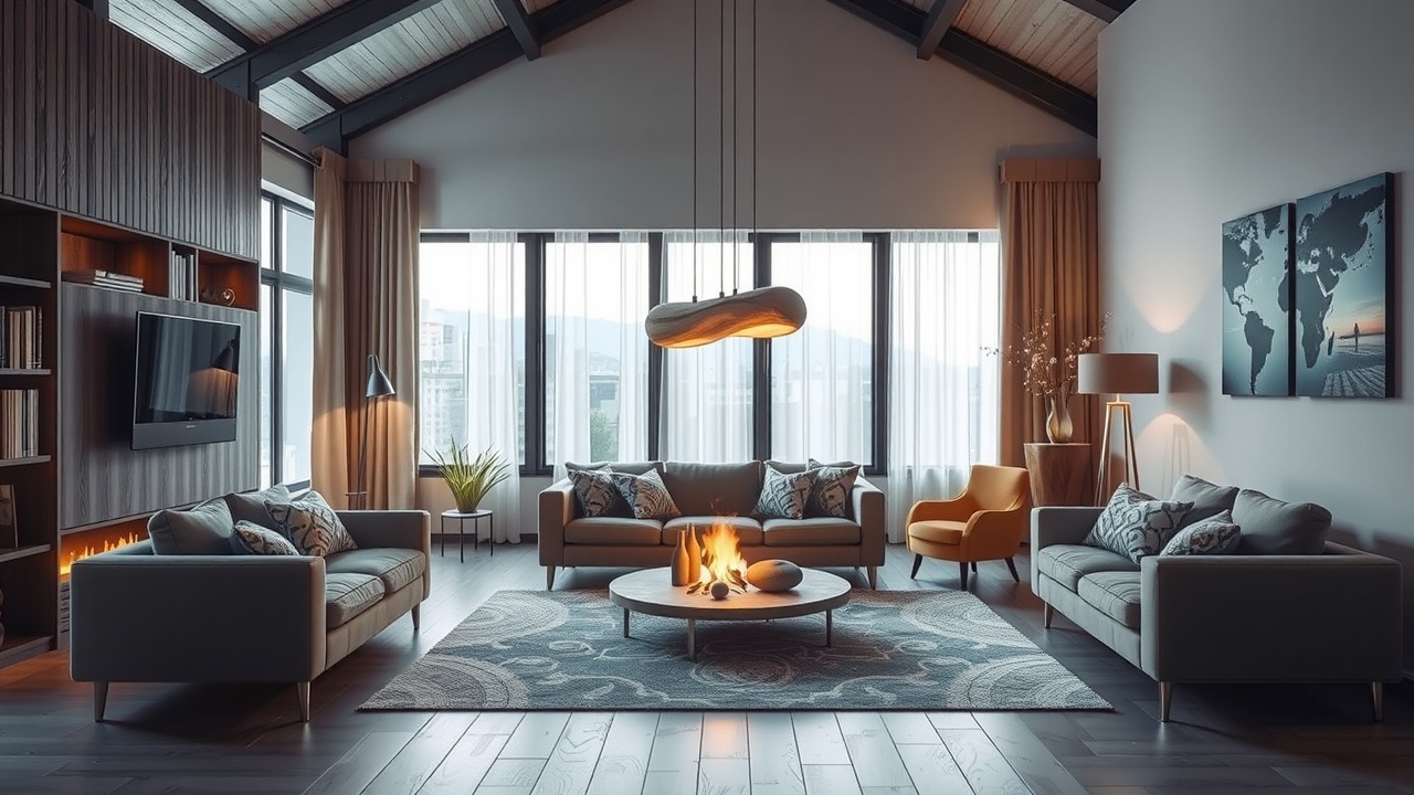 Un salon moderne et lumineux avec un poêle à bois design au centre de la pièce.