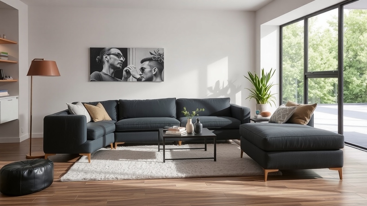 Un salon moderne et épuré avec un poêle à bois noir posé sur un socle.