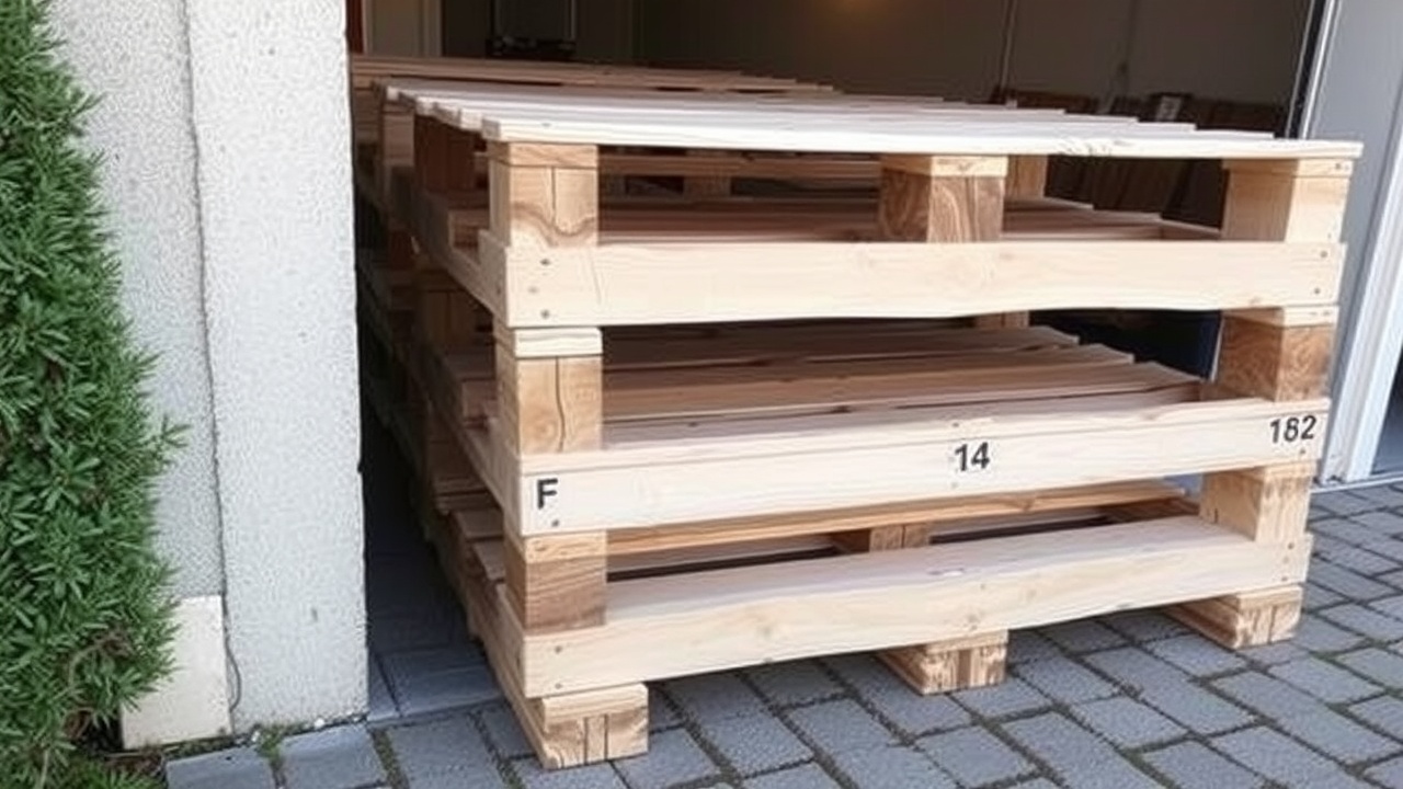 Une palette de bois de chauffage bien emballée, déposée sur une allée de garage en pavés.