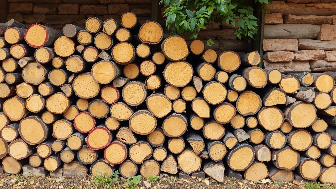 Une pile de bûches de bois parfaitement coupées et empilées à l'extérieur, près d'un mur en briques.