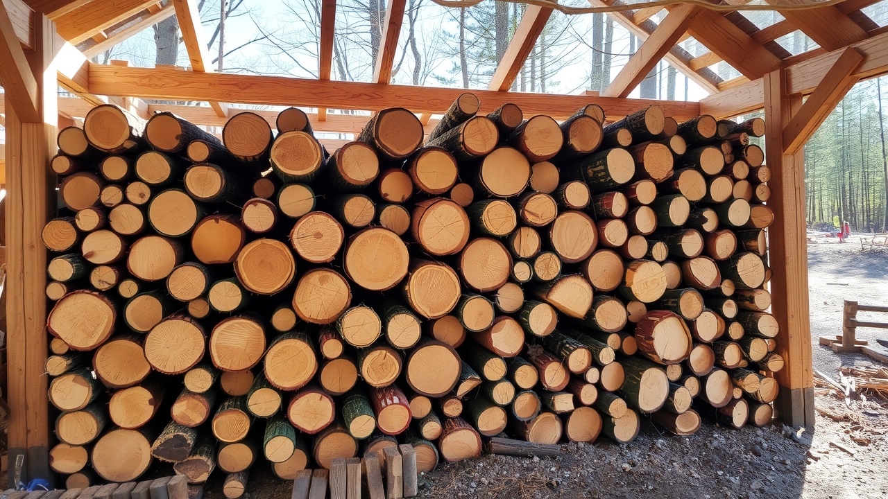 une pile de bûches de bois parfaitement coupées et rangées dans un abri en bois.