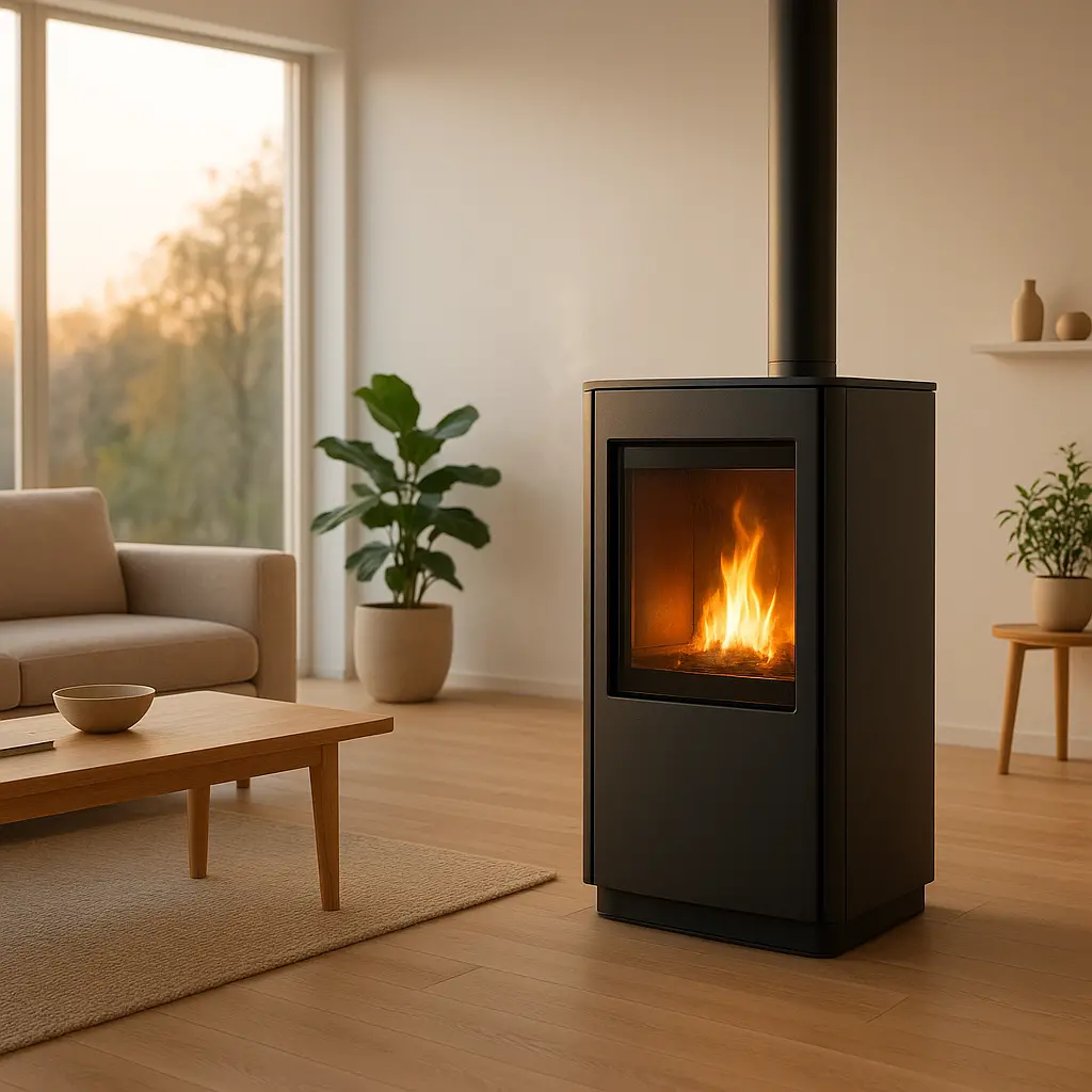 Poêle à pellets design fonctionnant dans un salon moderne et lumineux.