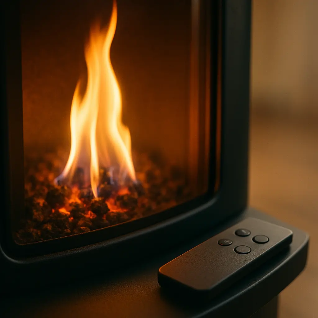 Gros plan sur la flamme d'un poêle à pellets moderne avec une télécommande posée à côté.