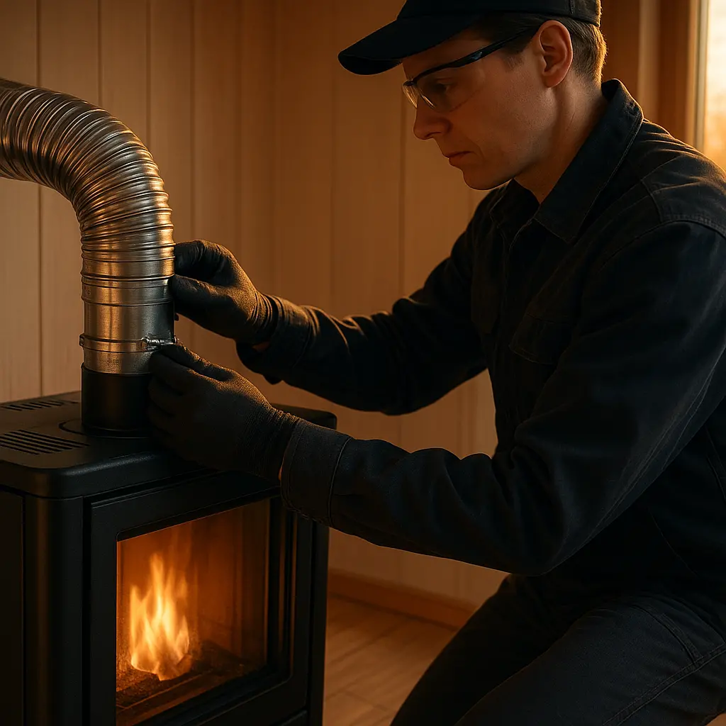 Technicien en tenue de travail ajustant les conduits de ventilation d'un poêle à pellets dans une maison.
