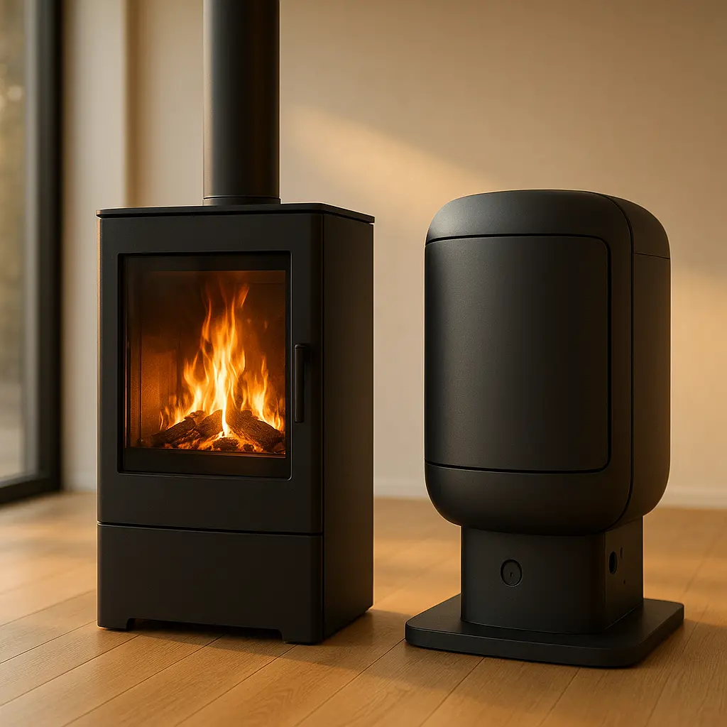 Deux poêles hybrides côte à côte dans un showroom, l'un en acier noir avec porte vitrée montrant une flamme, l'autre en version arrondie prêt pour installation.