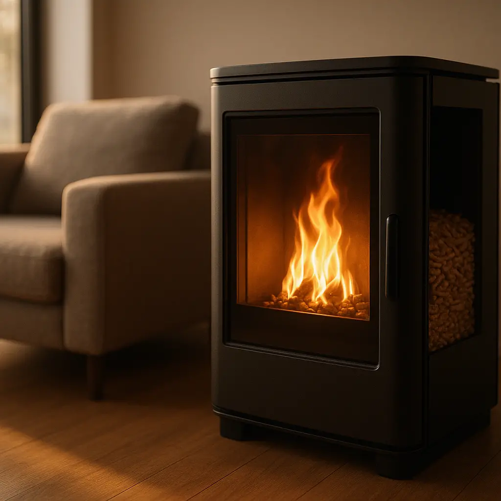 Un poêle à pellets en fonctionnement dans un salon moderne, avec une flamme orange visible à travers la vitre avant, des granulés remplissant le réservoir latéral et de la chaleur rayonnant vers un canapé proche