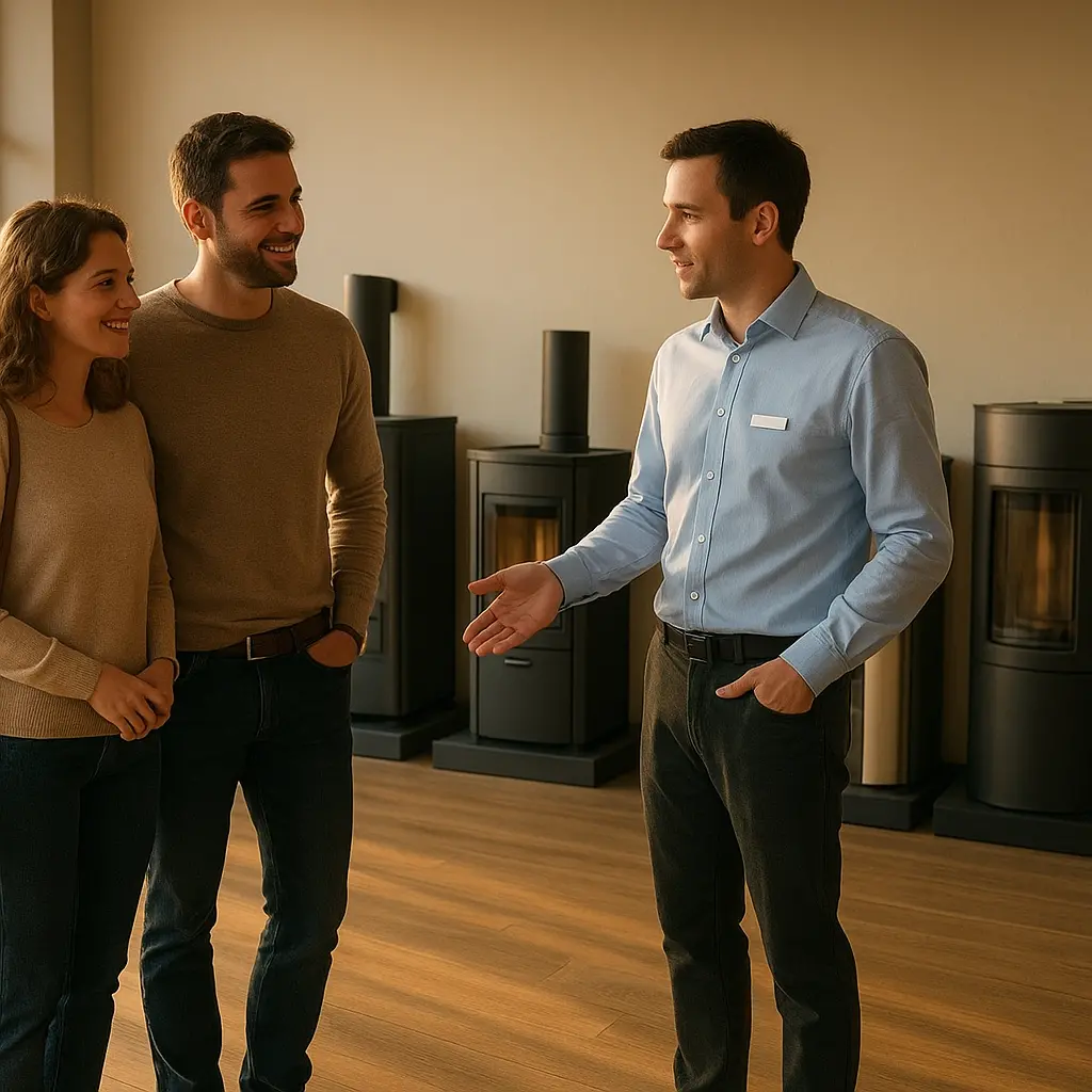 Intérieur spacieux d'un showroom, plusieurs poêles à pellets et à bois alignés contre un mur, un vendeur en tenue professionnelle expliquant un modèle à un couple debout à proximité