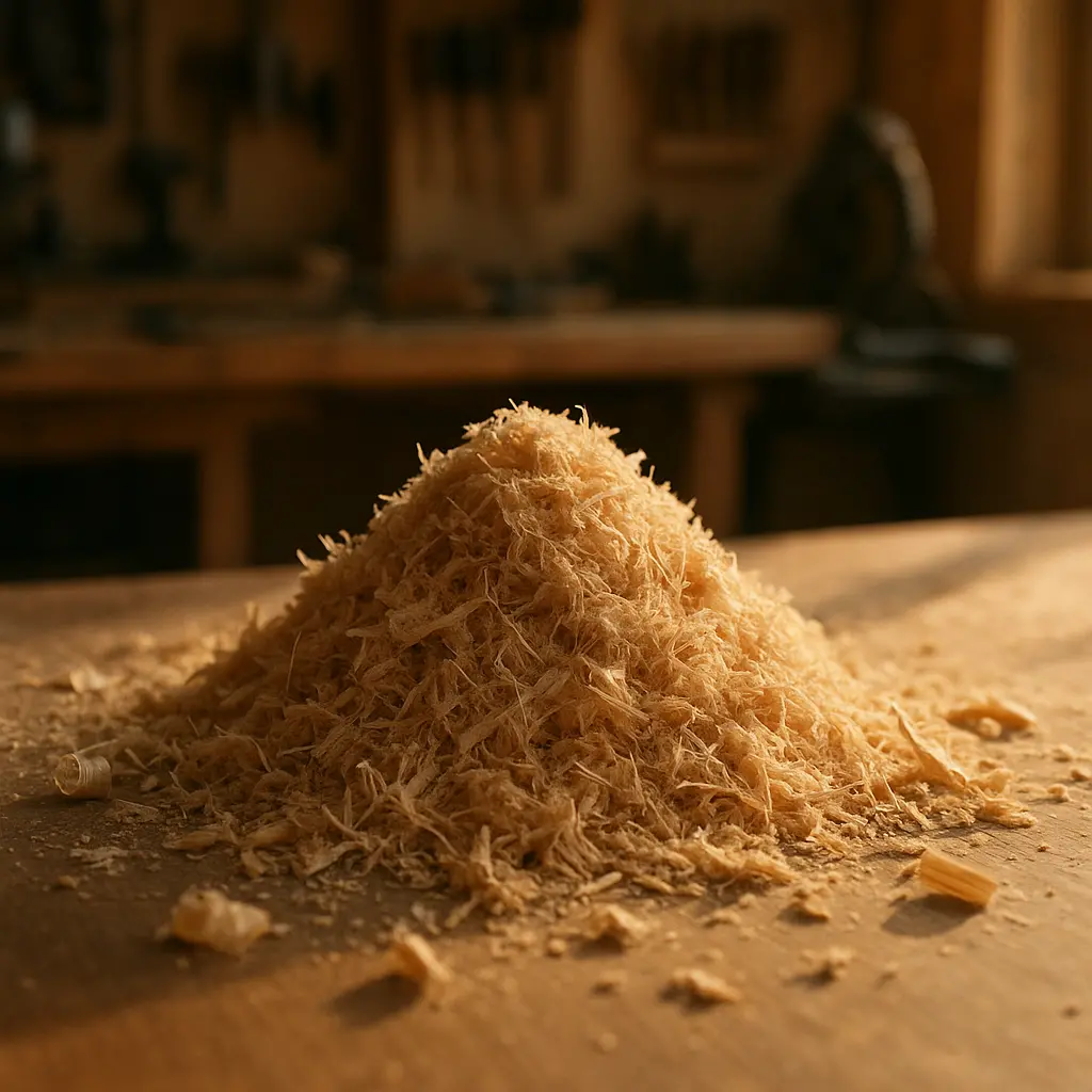 Pile de sciure et de copeaux de bois clair dans un atelier ensoleillé.