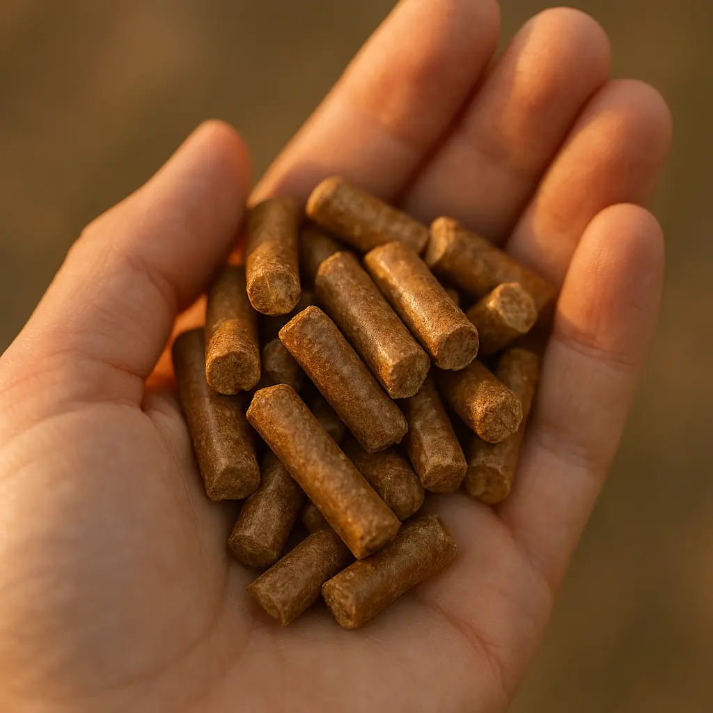 Une main tenant une poignée de granulés de bois cylindriques et brillants.