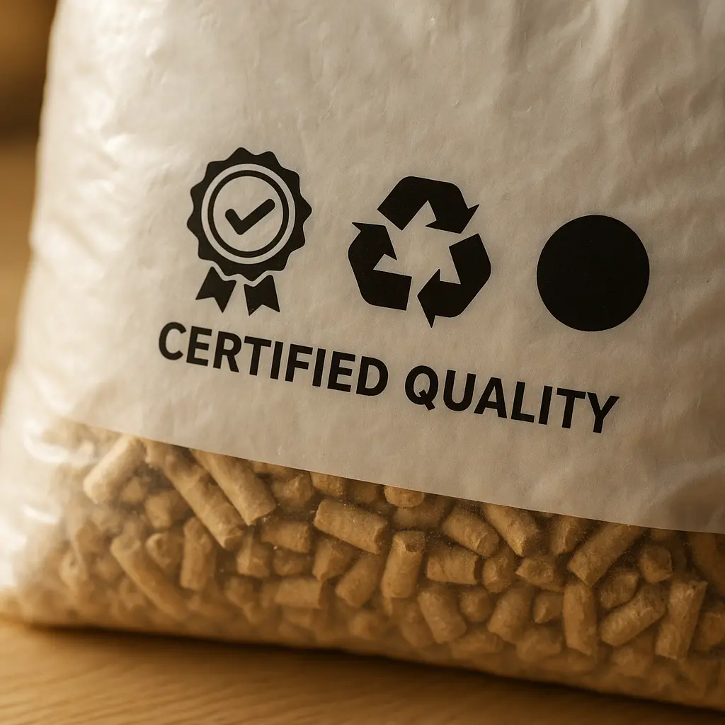 Gros plan sur un sac de pellets en plastique blanc, montrant des logos de certification qualité.