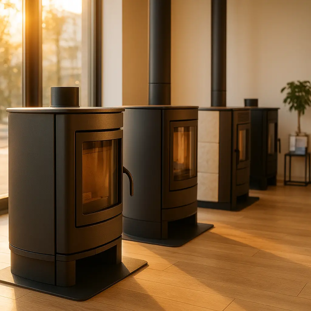 Intérieur d'un showroom lumineux avec plusieurs poêles à bois et à pellets modernes alignés.