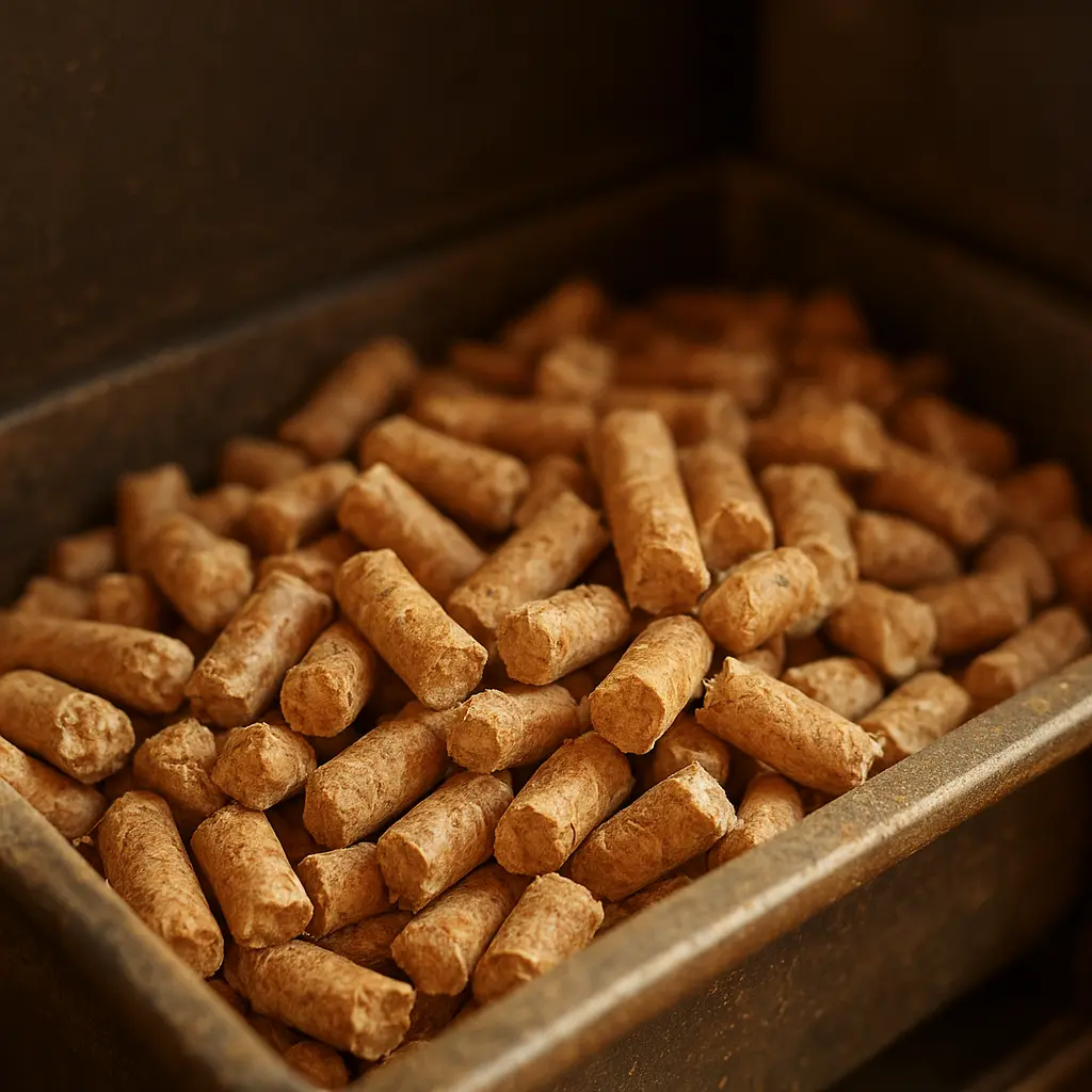 Gros plan sur l'intérieur d'un poêle, montrant des granulés de bois dans un petit réceptacle en métal.