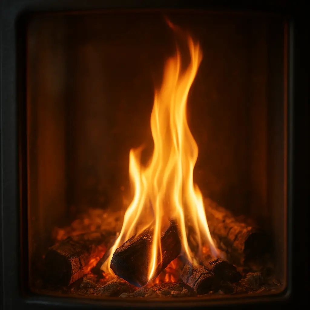 Une flamme vive et claire brûlant dans le foyer d'un poêle à travers une vitre propre.