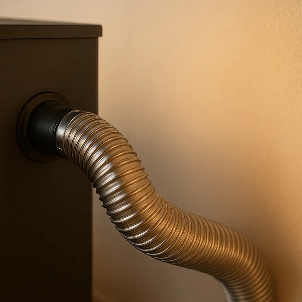 Un tuyau flexible sortant de l'arrière d'un poêle à pellets, se dirigeant vers un mur.