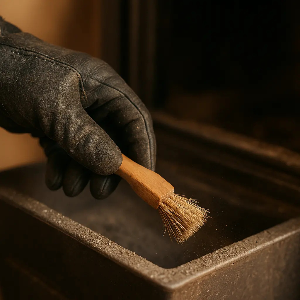 Une main gantée utilisant une petite brosse pour nettoyer le réceptacle à cendres d'un poêle à pellets.