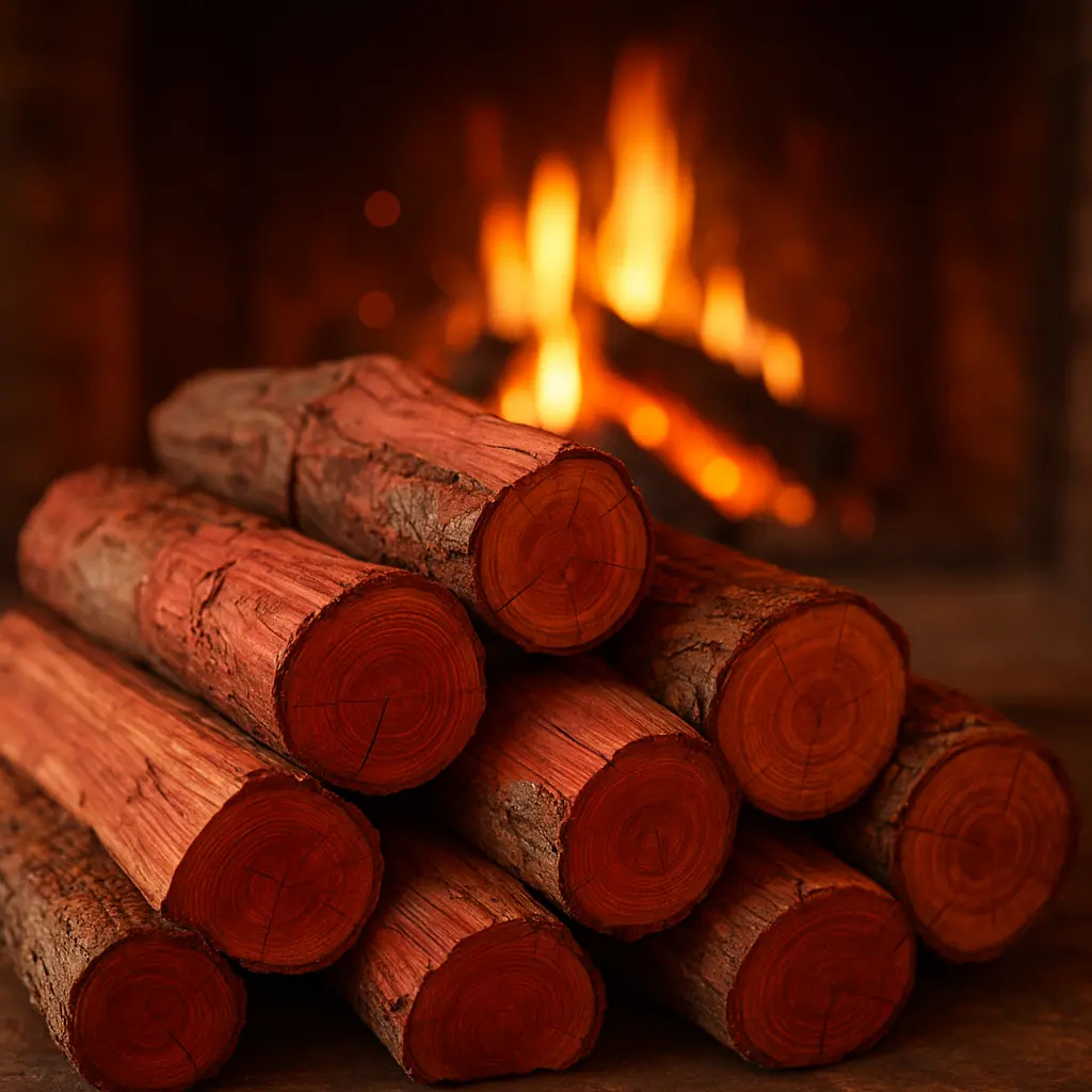 Bûches de bois de cerisier à la teinte rougeâtre, empilées à côté d'un feu de cheminée chaleureux et crépitant.