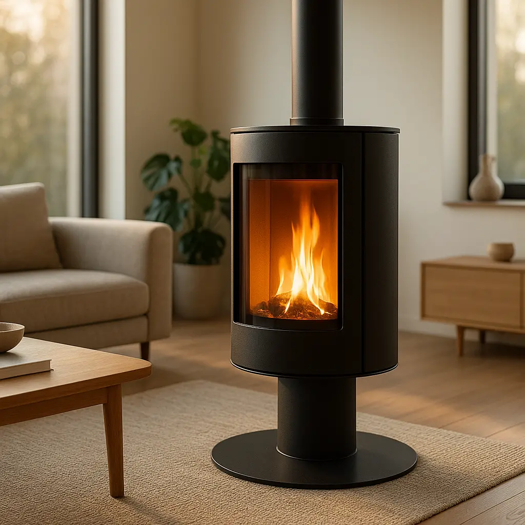 Intérieur de salon moderne et lumineux, centré sur un poêle design d'où émane une lueur chaude et réconfortante.