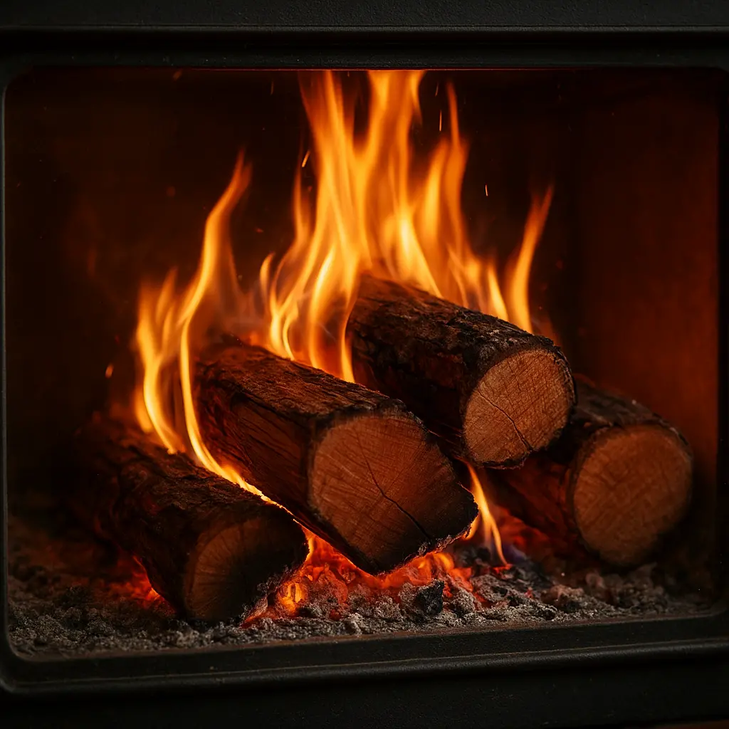 Bûches de bois de cerisier en train de brûler dans un poêle, avec des flammes vives et dansantes.