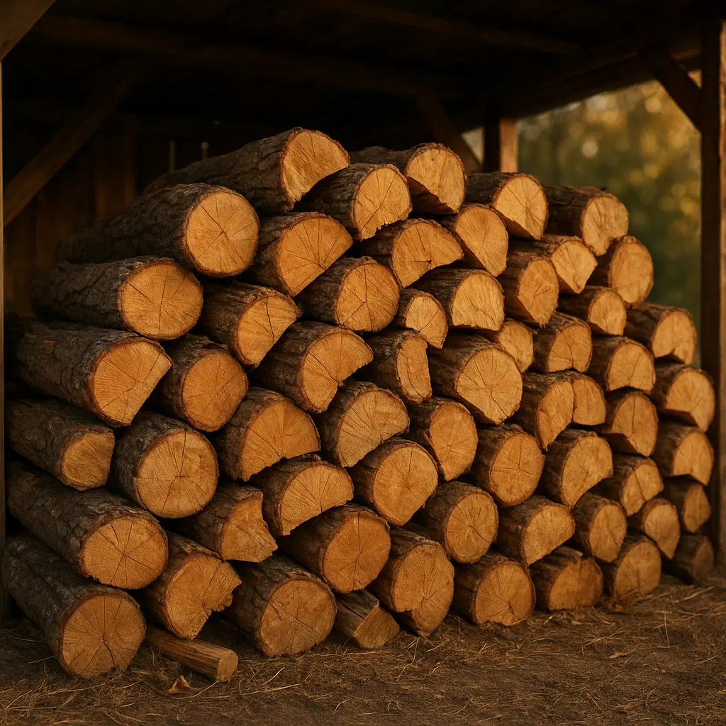 Un tas de bûches de bois de chauffage soigneusement empilées sous un abri en bois, à l'extérieur.