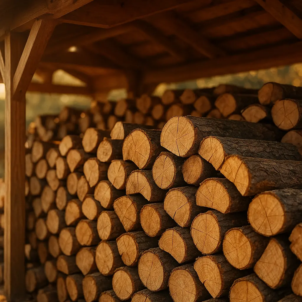 Un abri à bois bien rempli avec des bûches empilées de manière aérée sous un toit protecteur.