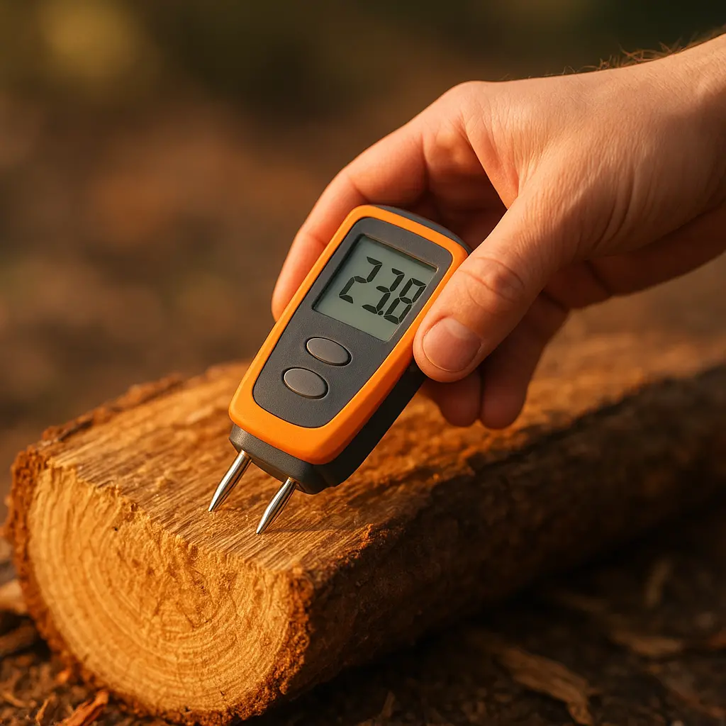 Une main tenant un humidimètre dont les pointes sont plantées dans une bûche de bois fraîchement fendue.