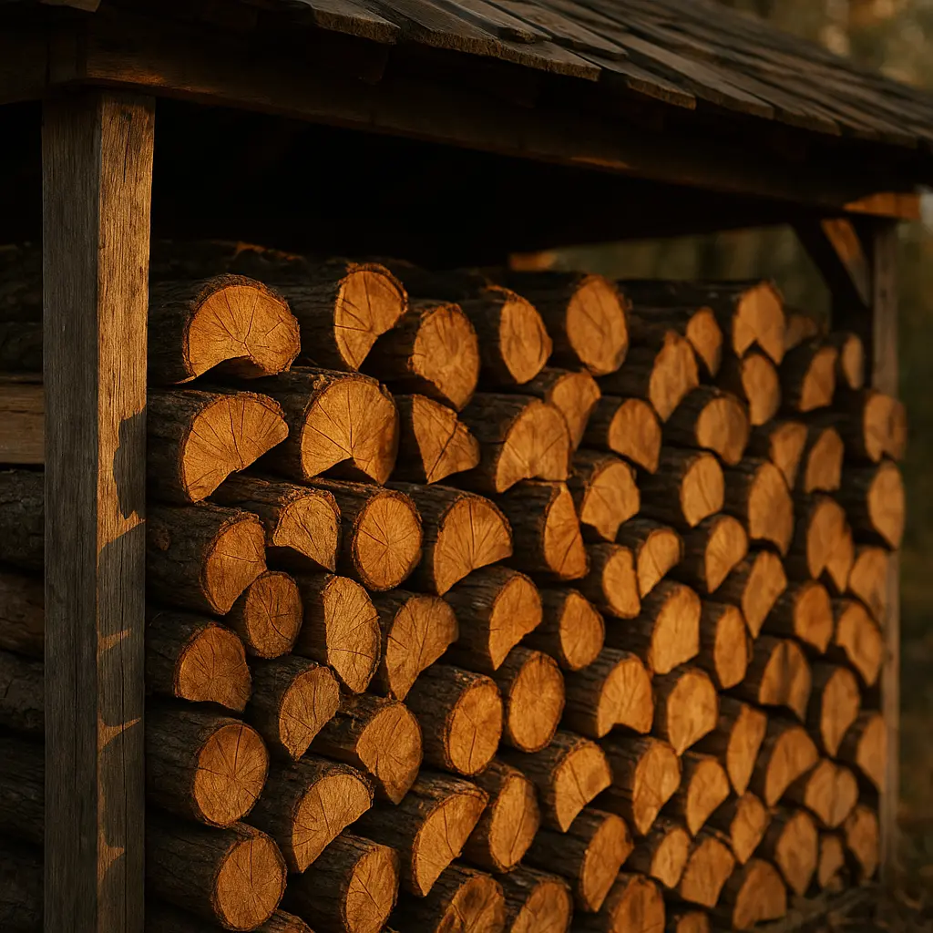 Un tas de bûches de bois bien rangées et empilées sous un abri, à l'air libre.