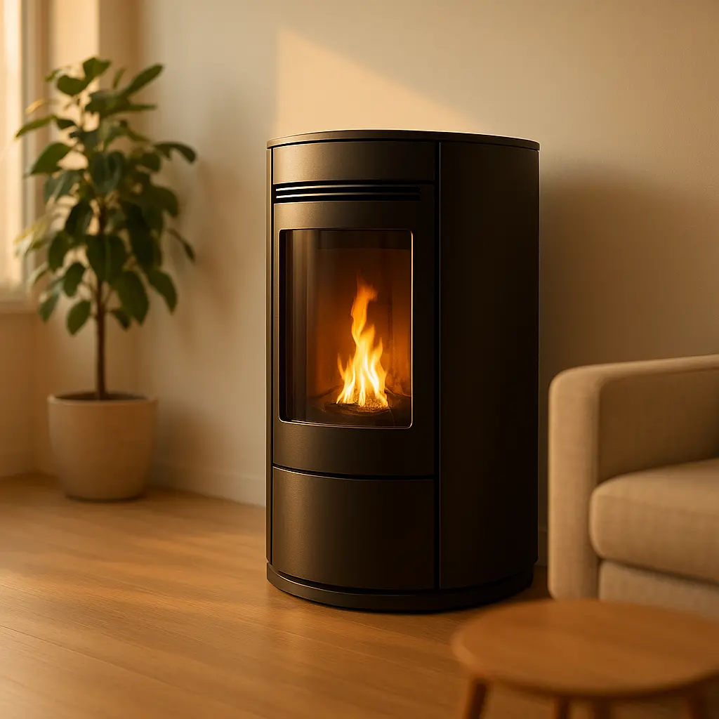 Un poêle à pellets moderne et design installé dans le coin d'un salon lumineux, avec une flamme visible derrière la vitre.