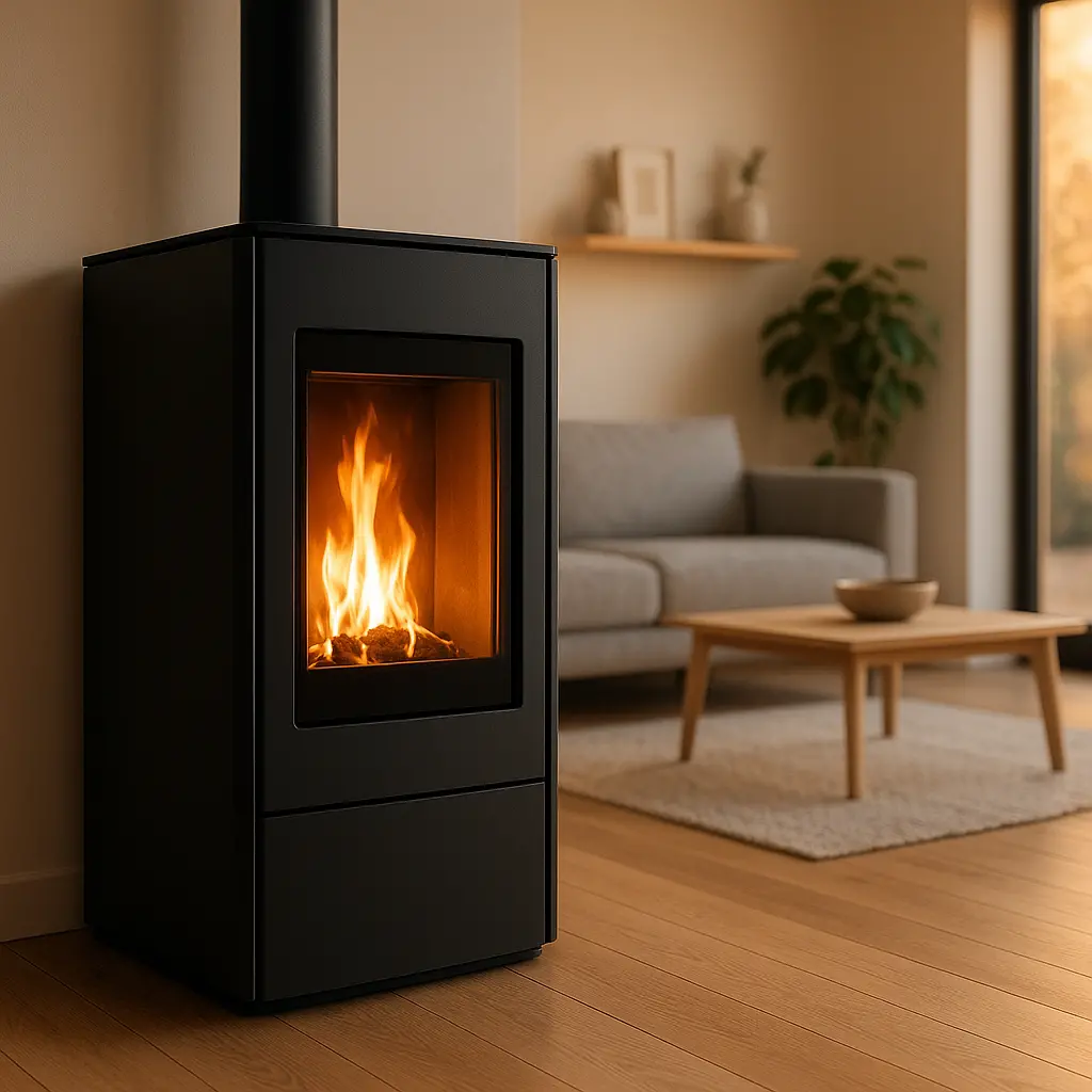 Un poêle à pellets hydro design installé dans un salon moderne, avec une flamme visible et chaleureuse.