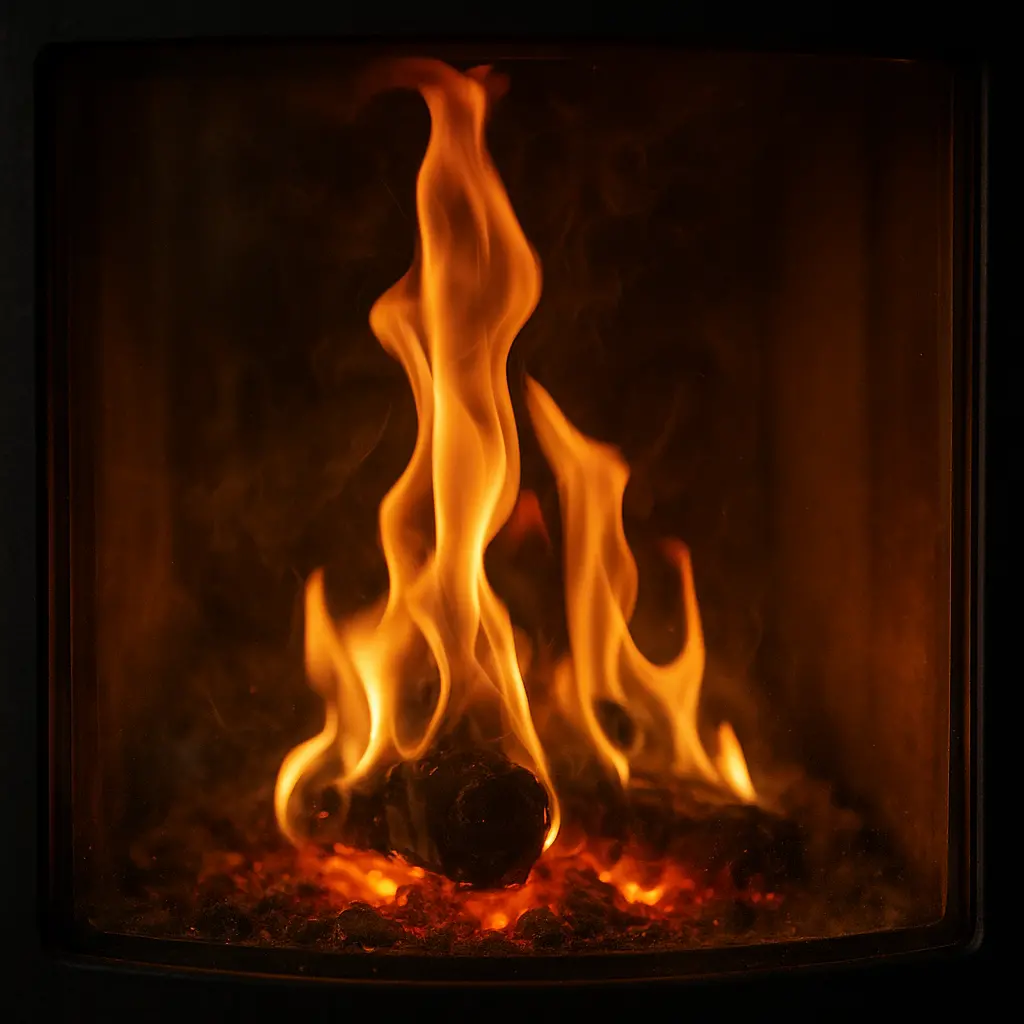 Gros plan sur les flammes dansantes d'un poêle à granulés, créant une ambiance cosy et accueillante.