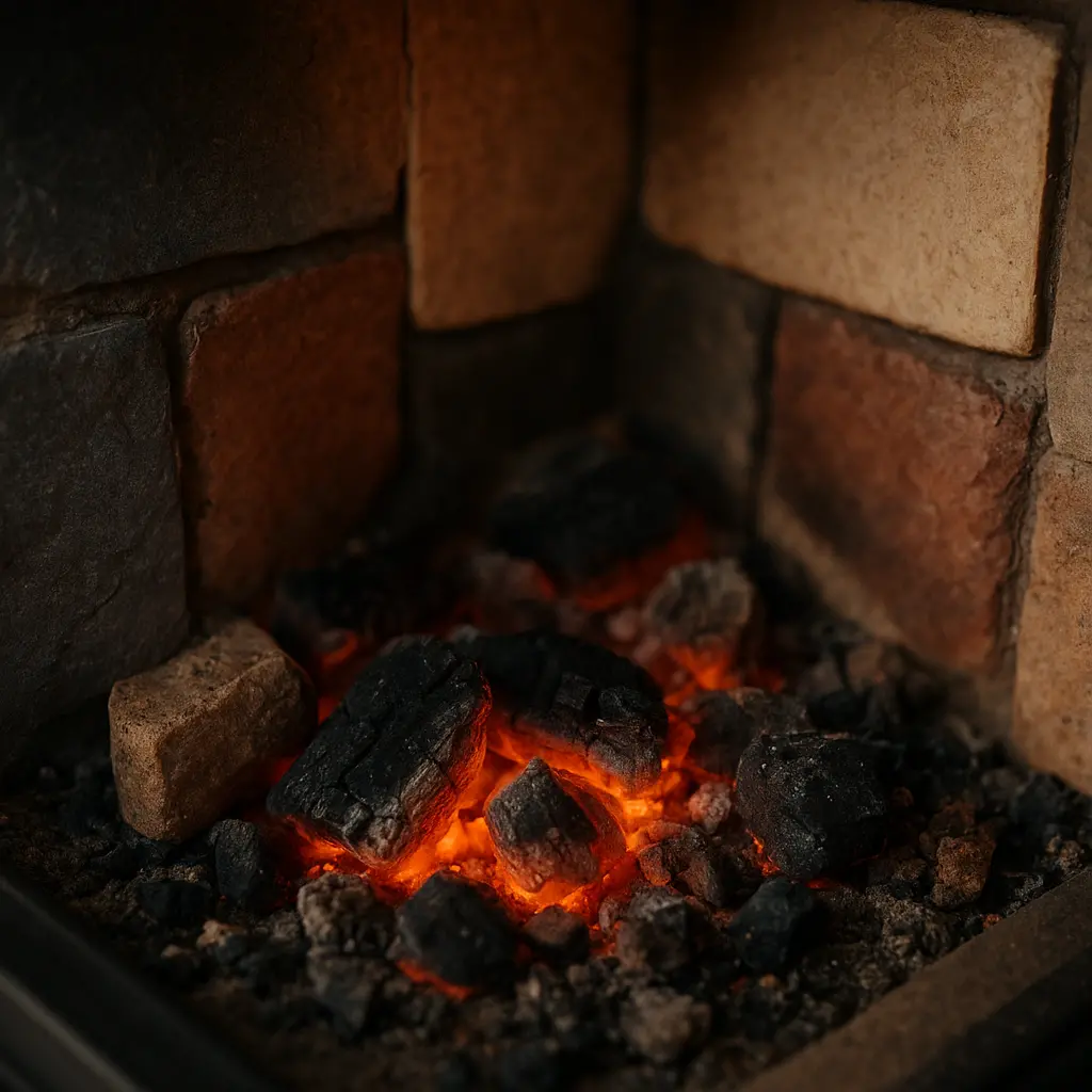 Gros plan sur le revêtement intérieur d'un poêle allumé, montrant différentes pierres texturées et colorées autour de braises incandescentes.