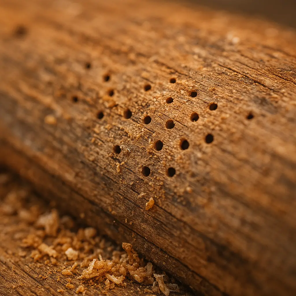 Close-up of a log showing small bore holes and sawdust, clear signs of wood-boring insects.