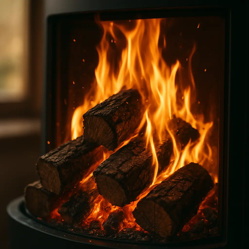 A stack of firewood burning brightly inside a modern wood-burning stove.