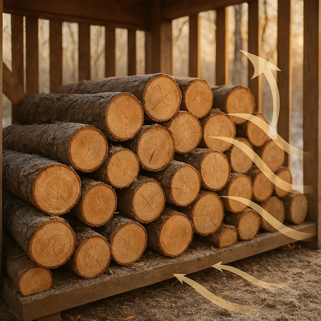 Cut firewood stacked in a ventilated woodshed with airflow arrows, Belgium winter setup