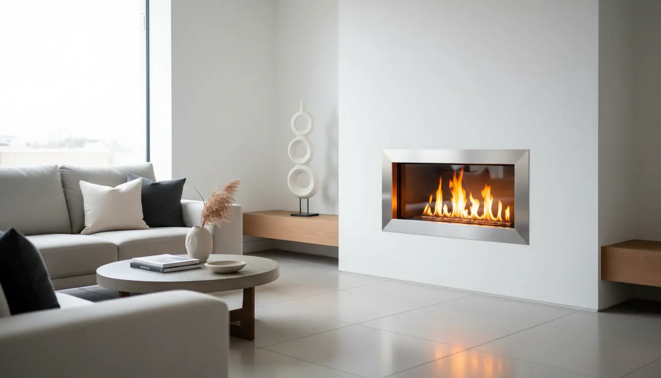 Une élégante cheminée à l'éthanol allumée, intégrée dans le mur d'un salon moderne et épuré, ambiance chaleureuse et lumineuse.
