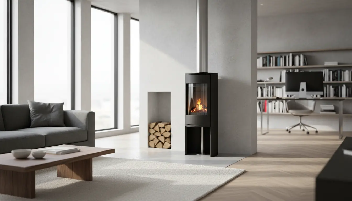 Intérieur moderne avec poêle à bois, installation soignée d’une arrivée d’air discrète, lumière naturelle, ambiance professionnelle.