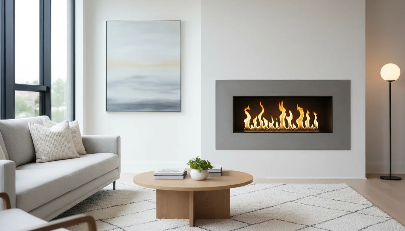 Modern and minimalist living room featuring a stylish wall-mounted ethanol fireplace with clean, dancing yellow flames and no chimney flue