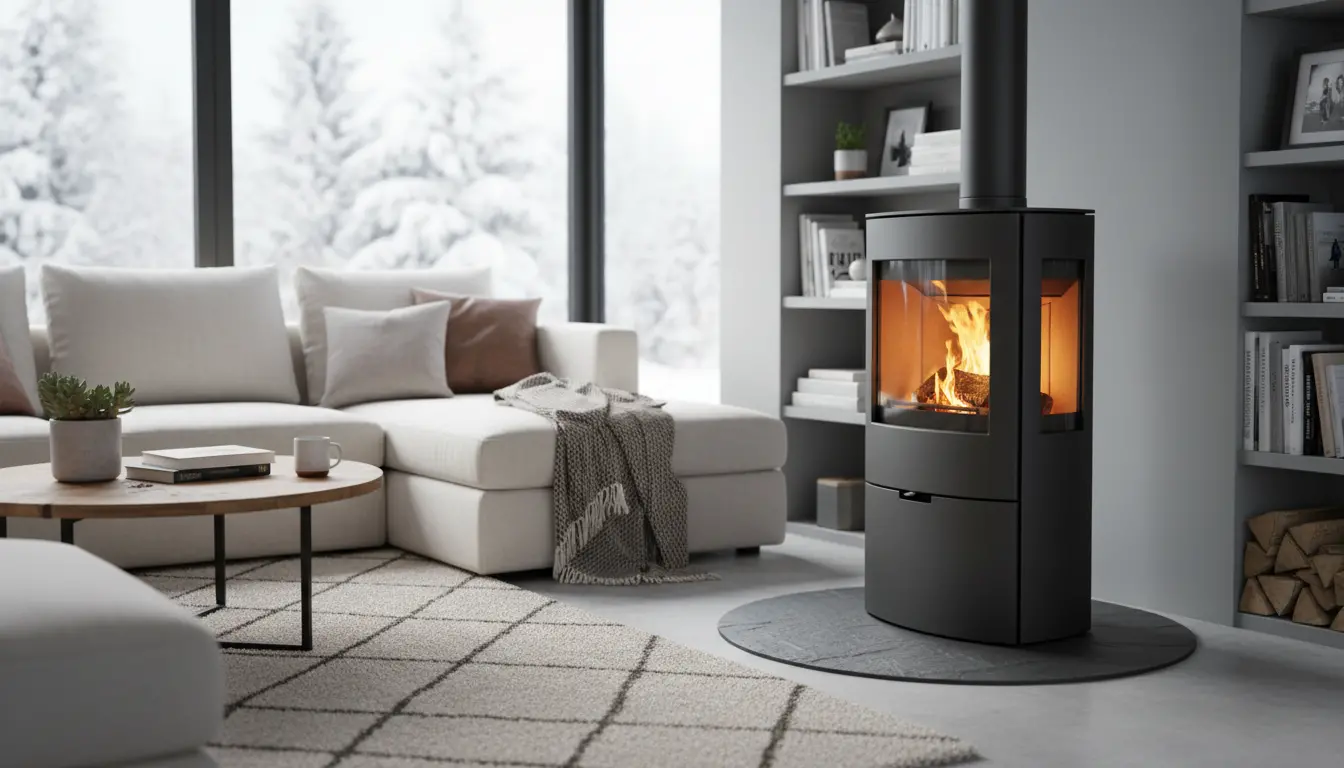 Cozy modern living room featuring a high-performance Dovre wood burning stove made of black cast iron with a clear glass window showing glowing logs