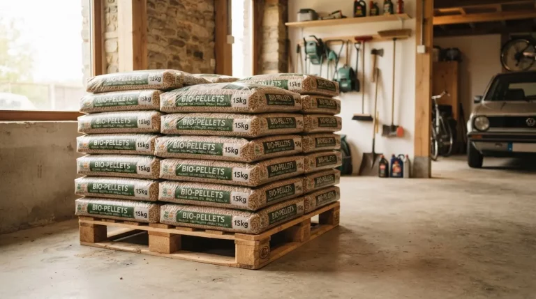 Une photo réaliste et chaleureuse d'un stock de sacs de pellets en bois, entreposés proprement dans un garage lumineux en Belgique.