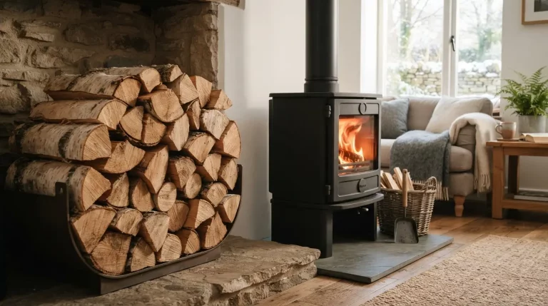 Une pile de bûches de bois bien coupées à côté d'un poêle moderne allumé, ambiance chaleureuse et lumineuse, style réaliste.