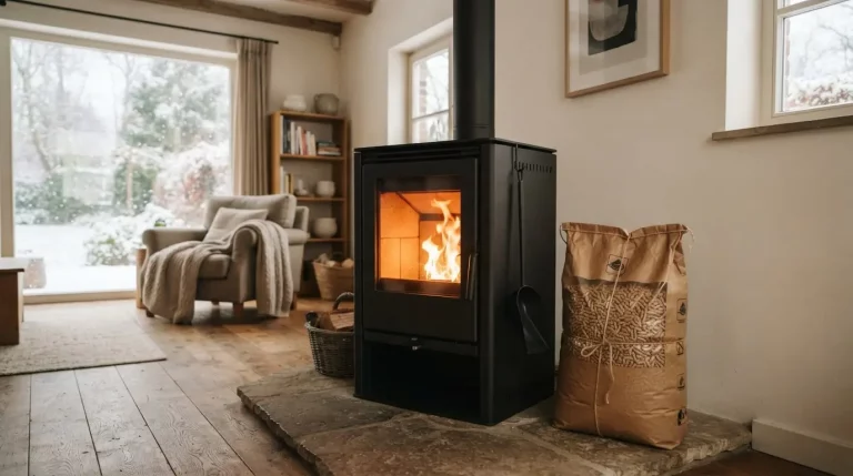 Une maison belge chaleureuse en hiver, un poêle à granulés moderne allumé et un sac de pellets posé à côté.